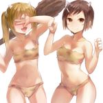  armpits bare_shoulders blonde_hair blush_stickers breasts brown_eyes brown_hair clenched_hands club contrapposto covering_eyes covering_face danshi_koukousei_no_nichijou fang flat_chest hair_ornament hairclip hidden_eyes horns looking_at_viewer midriff multiple_girls naso4 navel oni oni_horns open_mouth ringo-chan_(danshi_koukousei) short_hair short_twintails simple_background small_breasts smile standing strapless tadakuni's_little_sister tubetop twintails v v_over_eye weapon 