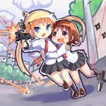  blonde_hair blush firing gun hakkotsu_shitai holding holding_gun holding_weapon kill_me_baby long_hair multiple_girls muzzle_flash open_mouth oribe_yasuna shell_casing short_hair sonya_(kill_me_baby) twintails weapon 