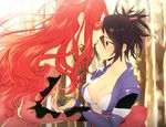  1girl bad_id bad_pixiv_id bare_shoulders black_hair breasts brown_eyes cleavage closed_eyes elbow_gloves fingerless_gloves fujibayashi_shiina gloves kiss leaf maruishi medium_breasts red_hair tales_of_(series) tales_of_symphonia zelos_wilder 