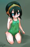  :o alternate_color_school_swimsuit avatar:_the_last_airbender avatar_(series) bad_deviantart_id bad_id bangs barefoot black_hair blind blue_eyes blush born-to-die chestnut_mouth child clenched_hand covered_navel flat_chest green_swimsuit hair_between_eyes hair_bun hairband highres looking_at_viewer name_tag nose_blush one-piece_swimsuit open_mouth school_swimsuit seiza short_hair sitting sketch solo swimsuit toph_bei_fong translated 