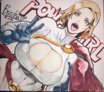  1girl blonde_hair blue_eyes blue_gloves bodysuit breasts butcha-u cape cleavage commentary_request dc_comics dutch_angle gloves highres large_breasts leotard long_hair looking_at_viewer marker_(medium) open_mouth power_girl red_cape short_hair solo superhero thighs traditional_media w 
