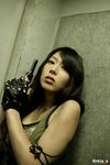  bra denim fingerless_gloves gloves gun highres kobayashi_emi lingerie photo tank_top underwear weapon 
