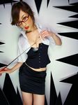  breasts cleavage glasses highres kumada_yoko miniskirt photo pointer skirt 