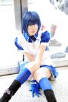  blue_hair boots cosplay eyepatch gloves highres ikkitousen kneehighs maid maid_apron maid_uniform namada photo ryomou_shimei ryomou_shimei_(cosplay) 