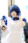  blue_hair cosplay cuffs eyepatch gloves handcuffs highres ikkitousen maid maid_apron maid_uniform namada photo ryomou_shimei ryomou_shimei_(cosplay) 