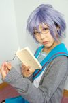  blue_hair book cardigan cosplay glasses kneehighs koubou_tokori nagato_yuki photo sailor sailor_uniform school_uniform serafuku suzumiya_haruhi_no_yuuutsu 