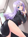  against_wall ass bent_over blue_eyes blush breast_press breasts cardfight!!_vanguard highres large_breasts long_hair looking_at_viewer open_mouth purple_hair solo tears tokura_misaki yaso_shigeru 