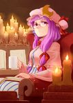  bespectacled book bow candle capelet chair crescent cup daitai_konna_kanji glasses hair_bow hat long_hair patchouli_knowledge purple_eyes purple_hair sitting solo touhou 