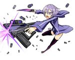  boots casing_ejection firing gia gun hood hood_down hoodie knife muzzle_flash open_mouth original purple_eyes purple_hair scope shell_casing short_hair solo thigh_boots thighhighs weapon 