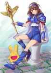  arle_nadja armor armored_dress blue_skirt blush carbuncle_(puyopuyo) dress gloves highres kaeru_(kaerism) madou_monogatari puyopuyo sitting skirt solo staff 