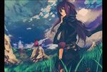  black_hair cloud coat emonak gloves grass long_hair looking_back male_focus multiple_boys pillarboxed raven_(tales) scarf sky tales_of_(series) tales_of_vesperia yuri_lowell 