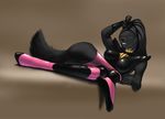  black_hair female hair latex latex(artist) latex_(artist) looking_at_viewer mammal rubber skunk smile solo suit vinyl 