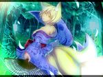  animal_ears bare_shoulders blonde_hair breasts fan folding_fan fox_ears fox_tail japanese_clothes kimono large_breasts multiple_tails nape no_hat no_headwear parted_lips short_hair slit_pupils solo tail tamahana touhou yakumo_ran yellow_eyes 
