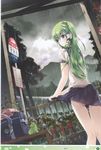  absurdres alternate_costume bad_id bad_yandere_id bag blue_eyes bus_stop cloud cloudy_sky fence flower frog from_behind green_hair hair_ornament highres hydrangea jizou kochiya_sanae long_hair looking_back miyase_mahiro panties pantyshot pink_panties pleated_skirt rain rainbow scan school_bag school_uniform see-through serafuku skirt sky snake solo thigh_gap touhou translation_request underwear water wet wet_clothes wringing_clothes wringing_skirt 