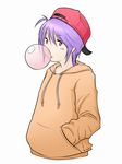  backwards_hat baseball_cap blush_stickers bubble_blowing casual chewing_gum contemporary eau hands_in_pocket hat hood hoodie lilith_aensland purple_hair red_eyes short_hair solo vampire_(game) 