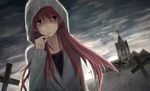  church cross die_(die0118) hood hoodie long_hair mahou_shoujo_madoka_magica red_eyes red_hair sakura_kyouko solo upper_body 