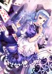  2009 alice_(wonderland) alice_in_wonderland artist_name bad_id bad_pixiv_id bangs blue_hair bow card cup hair_bow hat maid miiru solo_focus striped striped_legwear teacup thighhighs top_hat white_rabbit 