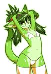  breasts clothed clothing eyewear feline female fur glasses green_eyes green_fur green_hair hair kazuhiro kazuhiro-h legwear mammal plain_background skimpy small_breasts solo standing stockings swimsuit white_background 