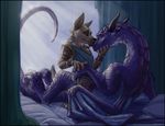  anthro bed bedroom canine couple cowgirl_position cuddle cuddling dragon duo female happy happy_sex horn inside interspecies kissing male mammal nude on_bed on_top partially_clothed purple purple_scales scalie sex slate slatedragon straddling wings 