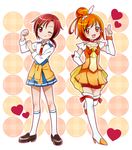  bike_shorts boots choker clothes_around_waist cure_sunny dual_persona full_body hair_bun hino_akane_(smile_precure!) kagami_chihiro kneehighs magical_girl nanairogaoka_middle_school_uniform one_eye_closed orange_background orange_choker orange_hair orange_skirt polka_dot polka_dot_background precure red_eyes red_hair red_shorts school_uniform short_hair shorts shorts_under_skirt skirt sleeves_rolled_up smile smile_precure! sweater sweater_around_waist thigh_boots thighhighs white_legwear 