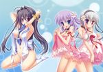  3girls bicolored_eyes blush hontani_kanae mihama_hitsuji nanase_ayumu natsu_yume_nagisa nopan rougi_maki saga_planets sesena_yau skirt_lift 