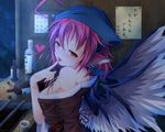  animal_ears bare_shoulders blush bottle breasts earrings ginzake_(mizuumi) head_scarf heart japanese_clothes jewelry licking medium_breasts mystia_lorelei naughty_face night off_shoulder okamisty pink_hair short_hair solo touhou wings yellow_eyes 
