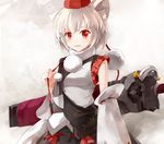  alternate_weapon animal_ears arctic bad_id bad_pixiv_id breasts detached_sleeves embellished_costume hat huge_weapon inubashiri_momiji medium_breasts pom_pom_(clothes) red_eyes sheath sheathed silver_hair solo sword tokin_hat touhou upper_body weapon wolf_ears 