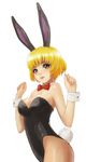  animal_ears bad_id bad_pixiv_id blonde_hair bow bowtie brown_eyes bunny_ears bunny_tail bunnysuit detached_collar lips meto31 original pantyhose short_hair solo tail wrist_cuffs 