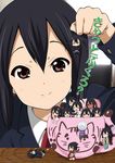  &gt;_&lt; bad_id bad_pixiv_id black_hair blush brown_eyes cardigan casual_one-piece_swimsuit cat chibi closed_eyes cup hair_bobbles hair_ornament in_container in_cup k-on! k-on!_movie lifting listen!! long_hair minigirl multiple_persona nakano_azusa official_style one-piece_swimsuit ragho_no_erika smile swimsuit tan twintails 