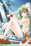  absurdres bad_id bad_yandere_id barefoot bikini bikini_top_removed bird blue_eyes blush chair cloud cloudy_sky covering covering_breasts day drink floral_print flower front-tie_top green_hair hair_flower hair_ornament hibiscus highres holding_bikini_top knees_up kochiya_sanae legs legs_up light_rays long_hair long_legs looking_at_viewer lounge_chair miyase_mahiro navel palm_tree petals reclining seagull side-tie_bikini sitting sky smile snake solo sunbeam sunlight swimsuit thighs topless touhou translation_request tree tropical_drink wrist_flower 