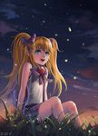  bad_id bad_pixiv_id banned_artist bare_shoulders blonde_hair blue_eyes bow bug cloud firefly grass hair_bow heart insect long_hair night night_sky open_mouth original pleated_skirt signature sitting skirt sky sleeveless solo star_(sky) twintails yinan_cui 
