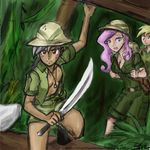  big_breasts blonde_hair breasts cleavage clothed clothing daring_do_(mlp) derpy_hooves_(mlp) female fleur_de_lis_(mlp) fluttershy_(mlp) friendship_is_magic grey_hair hair hat human humanized john_joseco jungle knife machete mammal my_little_pony not_furry pink_hair 