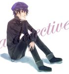  androgynous blue_eyes blue_hair cabbie_hat chin_rest crossdressing hand_on_own_face hat humio_(oriba) jacket lips looking_away pants persona persona_4 reverse_trap school_uniform shirogane_naoto shoes short_hair solo 