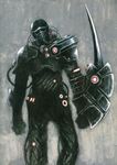  arm_blade armor blackball cyborg gas_mask grey_background helmet highres male_focus original solo weapon 