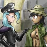  assisted_exposure blue_hair breasts clothing daring_do_(mlp) duo ear_piercing female friendship_is_magic gloves hair hat human humanized john_joseco lesbian mammal my_little_pony necklace nipples not_furry open_shirt peaked_cap piercing pith_helmet shirt trixie_(mlp) 