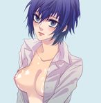  areolae blue_eyes blue_hair blush breasts collared_shirt covered_nipples crossdressing cum cum_on_body cum_on_breasts cum_on_upper_body facial hat humio_(oriba) lips looking_at_viewer medium_breasts nipples one_breast_out open_clothes open_shirt persona persona_4 shirogane_naoto shirt short_hair solo 