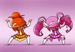  bike_shorts boots chibi cure_happy cure_sunny dancing hair_bun hino_akane_(smile_precure!) hoshizora_miyuki ikkyuu kill_me_baby kill_me_dance knee_boots magical_girl multiple_girls orange_hair orange_skirt parody pink_hair pink_skirt precure skirt smile_precure! tiara 