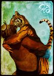  anthro bovine clothed clothing duo eyes_closed feline gay hair hand_on_butt horn hug kamui kamui_(artist) kissing male mammal muskox ox shirt tank_top tiger topless 