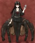  ;) bangs black_hair black_legwear black_serafuku black_skirt breasts cleavage collarbone ebimomo extra_eyes extra_legs fang fang_out fork hand_up highres holding holding_fork horns insect_girl jewelry jewelry_removed long_hair long_sleeves medium_breasts miniskirt monster_girl multiple_legs neck_ribbon no_shoes one_eye_closed original pale_skin pantyhose pleated_skirt pointy_ears red_background ribbon ring ring_box school_uniform serafuku skirt smile solo spider_girl thighhighs 