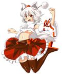 :3 animal_ears armpits arms_up bow breasts detached_sleeves excel_(shena) fangs fingernails frills geta hat high_collar highres inubashiri_momiji jumping legs_up looking_at_viewer medium_breasts midriff navel no_bra open_mouth pom_pom_(clothes) red_eyes shirt short_hair simple_background skirt solo tail teeth thighhighs tokin_hat touhou underboob white_background white_hair wolf_ears wolf_tail 