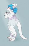  beauty_mark blue_hair bow cub dress ear_piercing earring female hair hush-a-bye kangaroo kid little_girl mammal marsupial microphone necklace piercing pigtails red_eyes solo white young 