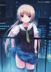  absurdres bangs brown_eyes brown_hair cityscape coffee-kizoku eyebrows_visible_through_hair highres miyagawa_miyako railing school_uniform skirt solo thighhighs twintails wind wind_lift worlds_and_world's_end 