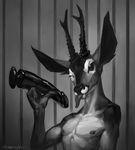  cervine deer dildo horn looking_at_viewer male mammal monochrome nipples nude one_eye_closed sex_toy solo tongue tongue_out tragelaphus wink 