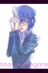  androgynous blue_hair cabbie_hat collared_shirt crossdressing glasses gun handgun hat humio_(oriba) lips looking_away persona persona_4 pistol reverse_trap school_uniform shirogane_naoto shirt short_hair solo standing weapon white_eyes 