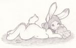  butt carrot chibi collar cute female fuzzy hush-a-bye lagomorph mammal monochrome on_stomach pillow rabbit sketch solo 