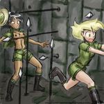  blonde_hair boots breasts daring_do_(mlp) derpy_hooves_(mlp) duo female friendship_is_magic grey_hair hair hat human humanized john_joseco mammal my_little_pony not_furry polearm running spear 