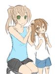  adjusting_hair amputee artist_request bandaid bare_shoulders brown_eyes brown_hair child green_eyes hair_bobbles hair_ornament ibarazaki_emi if_they_mated katawa_shoujo mother_and_daughter multiple_girls older prosthesis shirt shorts t-shirt tank_top twintails 