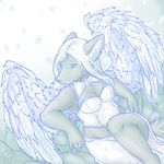  breasts canine cleavage clothed clothing corset female hair hush-a-bye leaning lounging mammal pensive pillow snow solo white_hair wings wolf 