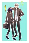  1boy 1girl androgynous bangs blue_eyes blush closed_eyes collared_shirt crossdressing grey_hair height_difference humio_(oriba) jacket narukami_yuu open_mouth pants persona persona_4 reverse_trap school_uniform shirogane_naoto shirt shoes smile standing suitcase wavy_mouth 