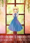  ahoge artoria_pendragon_(all) bad_id bad_pixiv_id blonde_hair blue_eyes boots casual checkered checkered_floor dress fate/stay_night fate_(series) hair_ribbon minland4099 pantyhose ribbon saber solo 